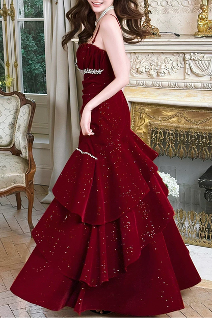 Burgundy Elegant Mermaid Spaghetti Strap Velvet Long Layered Prom Dress