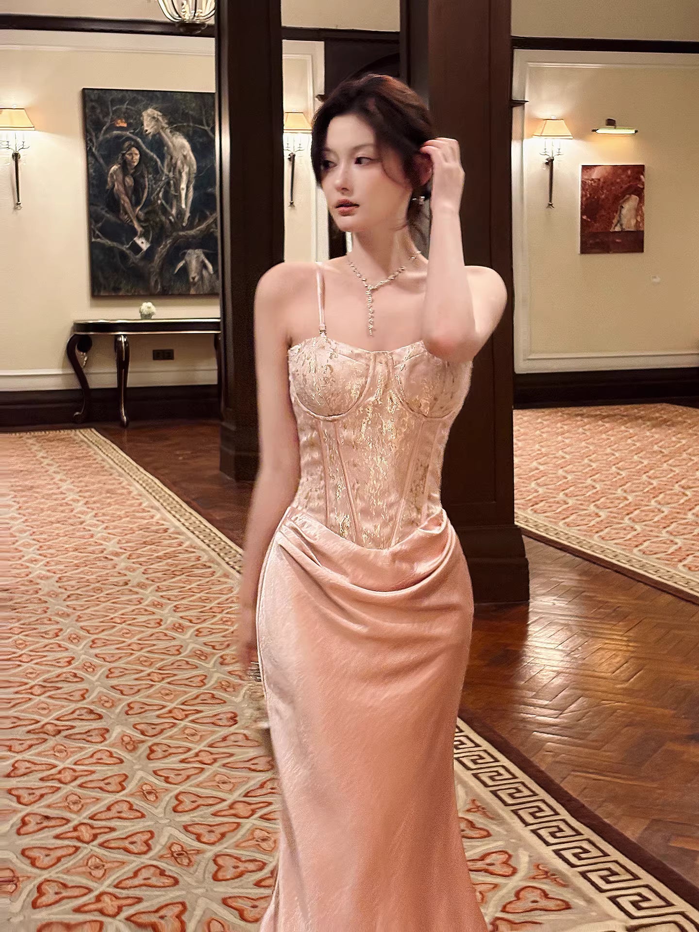 Pink Modest Mermaid Spaghetti Straps Ruffles Long Prom Dresses