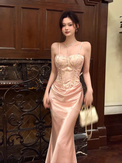 Pink Modest Mermaid Spaghetti Straps Ruffles Long Prom Dresses