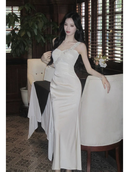 One Shoulderd Classy Mermai White With Beaded Satin Ankle Length Pleated Prom Dress