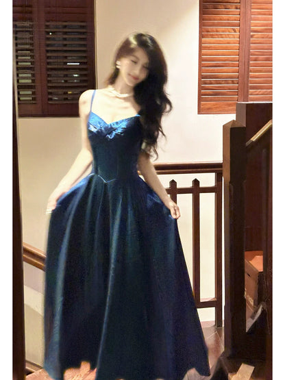 Elegant Royal Blue Ankle Length A Line Spaghetti Strap Pleated Prom Dress