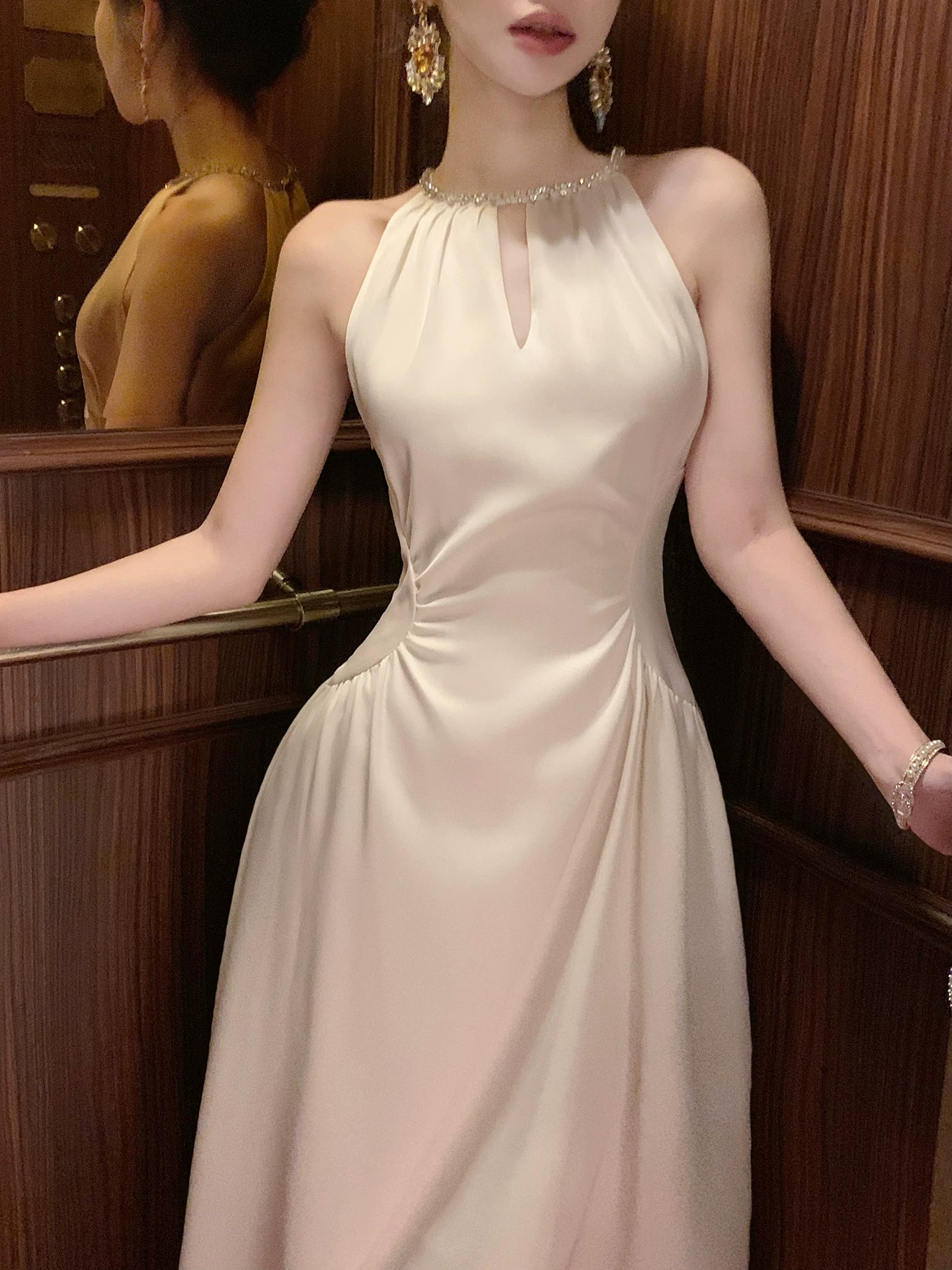 A Line Jewel Neck White Satin Ankle Length Prom Dresses Wedding Guest Dress