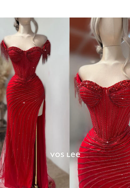 Elegant & LuxuriousOff-Shoulder Tassel Sweetheart Mermaid Prom Dresses with Side Split