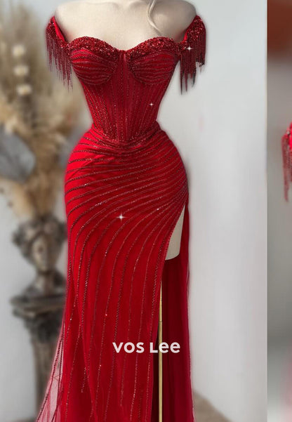 Elegant & LuxuriousOff-Shoulder Tassel Sweetheart Mermaid Prom Dresses with Side Split