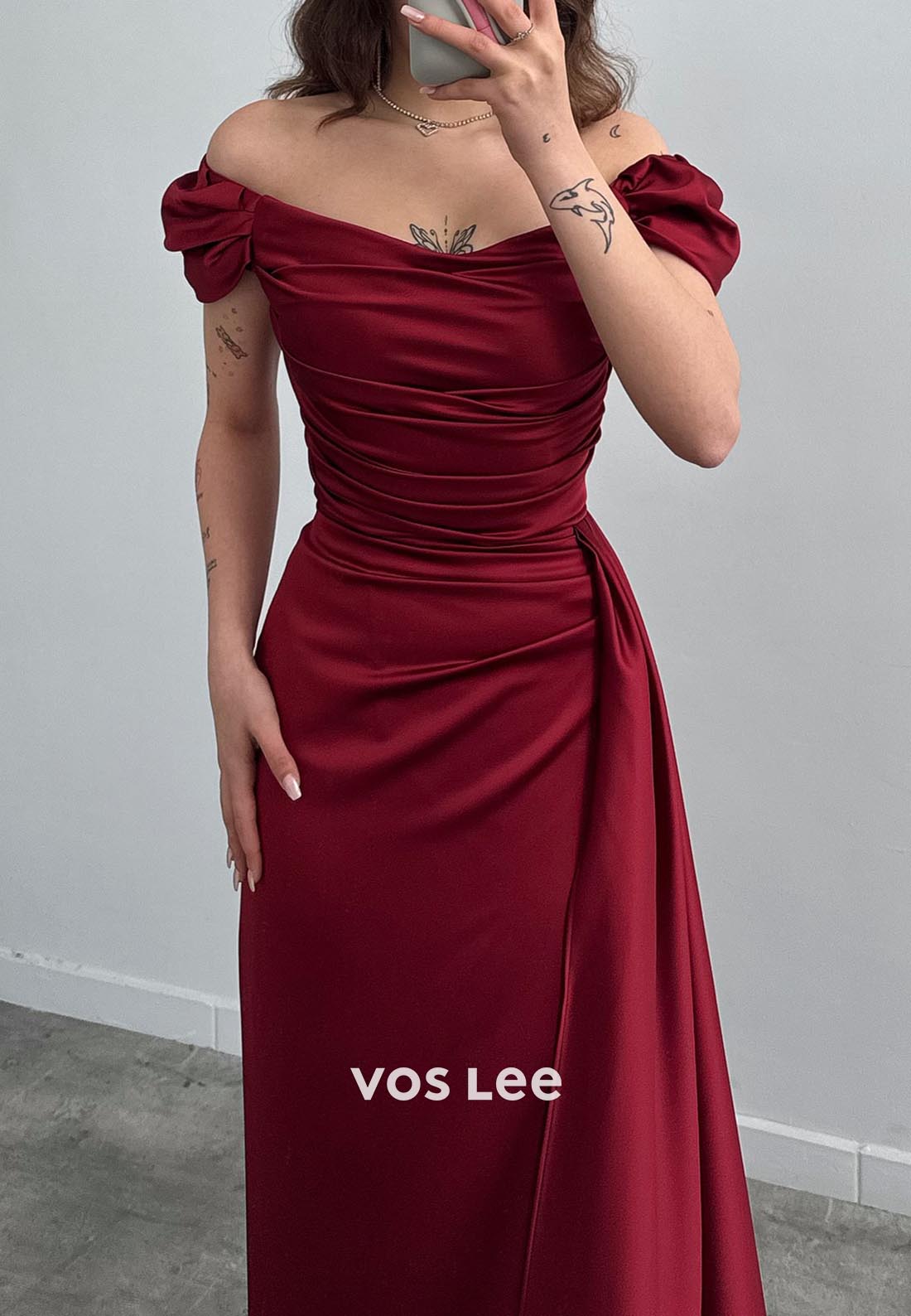 Sleek Off Shoulder Pleated Mermaid Evening Dress Prom Dresses with Sweep Train