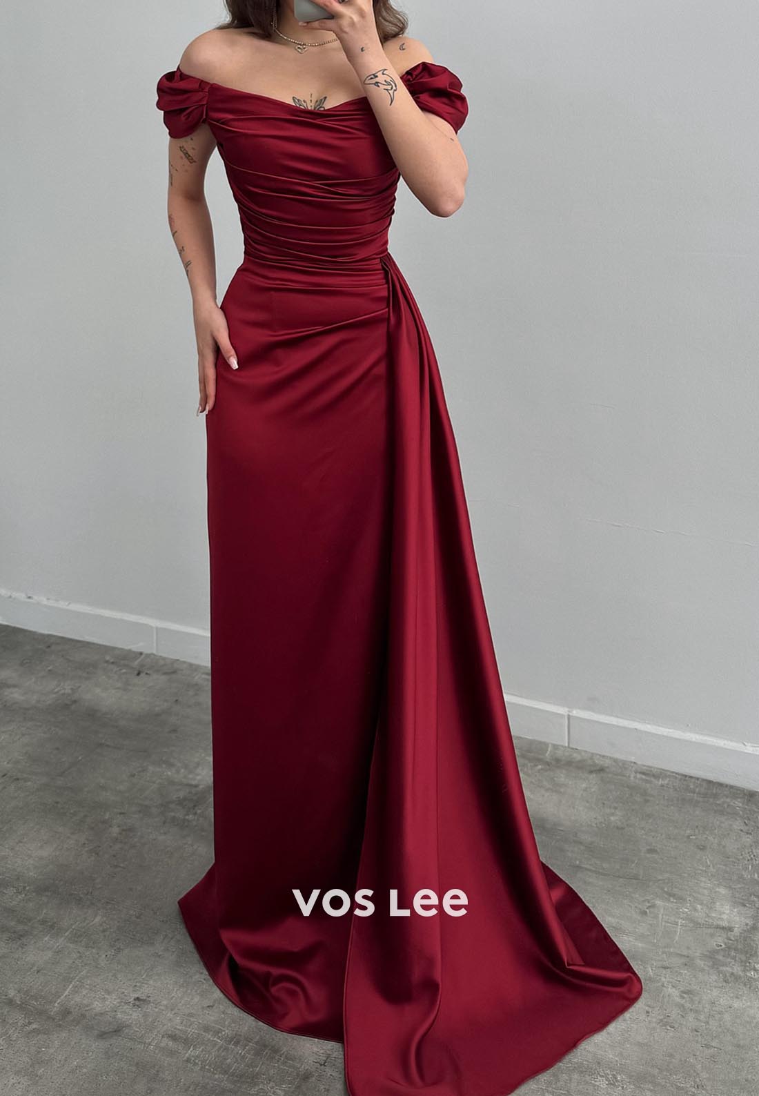 Sleek Off Shoulder Pleated Mermaid Evening Dress Prom Dresses with Sweep Train