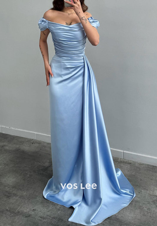 Sleek Off Shoulder Pleated Mermaid Evening Dress Prom Dresses with Sweep Train