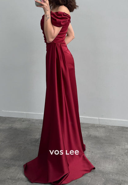 Sleek Off Shoulder Pleated Mermaid Evening Dress Prom Dresses with Sweep Train