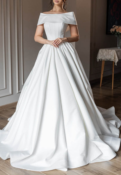 Off-Shoulder Empire-Waist Satin Wedding Dress