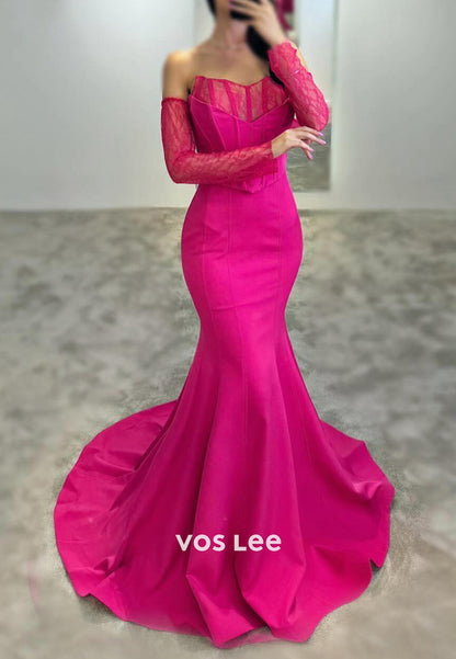 Elegant Long Sleevees V Neck Pleated Mermaid Evening Dresses with Sweep Train