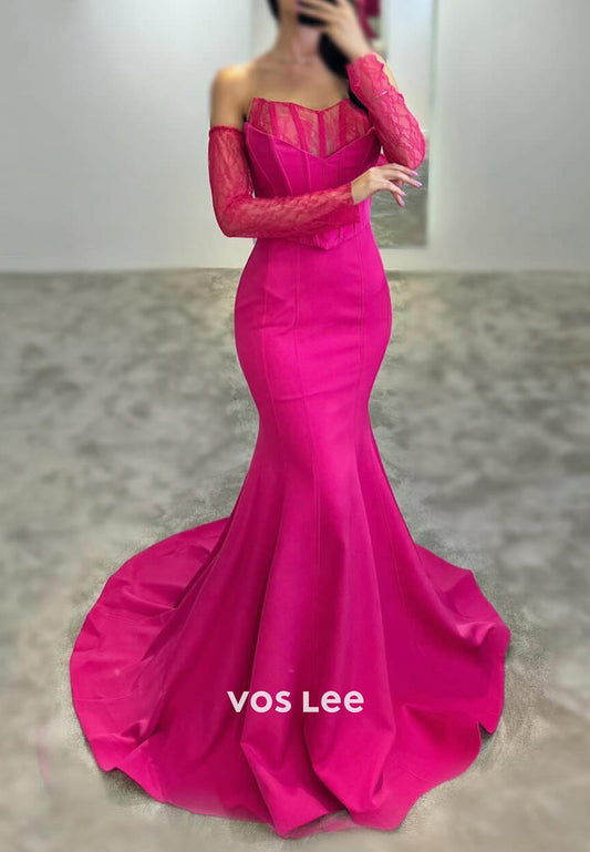 Elegant Long Sleevees V Neck Pleated Mermaid Evening Dresses with Sweep Train