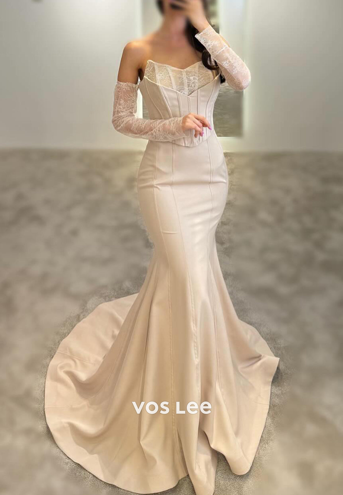 Elegant Long Sleevees V Neck Pleated Mermaid Evening Dresses with Sweep Train