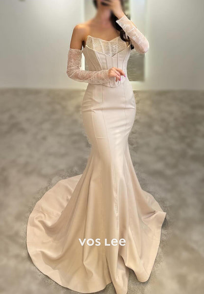 Elegant Long Sleevees V Neck Pleated Mermaid Evening Dresses with Sweep Train