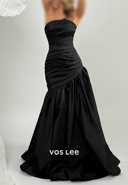 Classic & Timeless Black Strapless Pleated Mermaid Evening Dresses with Brush Train
