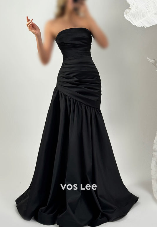 Classic & Timeless Black Strapless Pleated Mermaid Evening Dresses with Brush Train