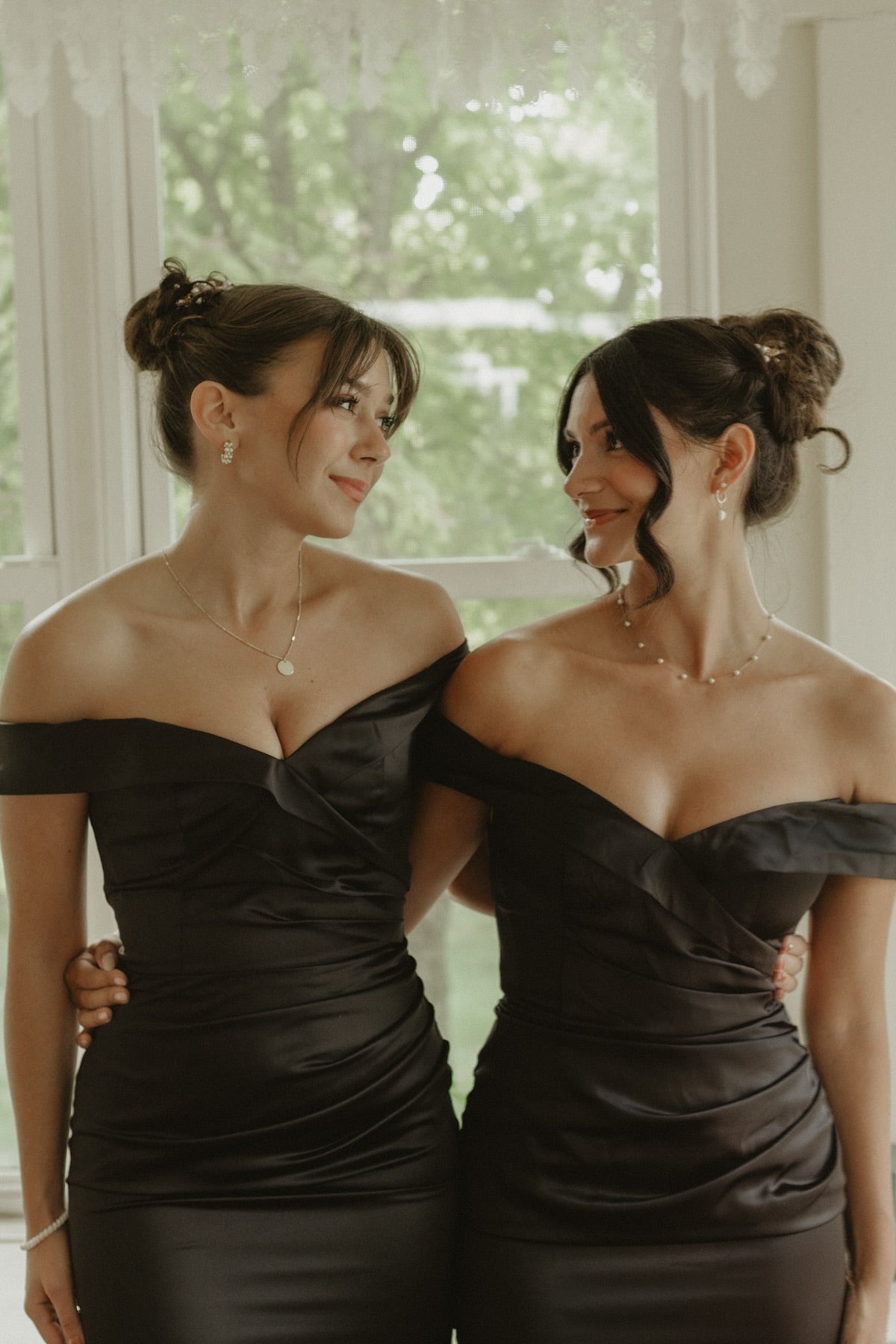 Off the Shoulder Black Ruched Satin Bridesmaid Dress