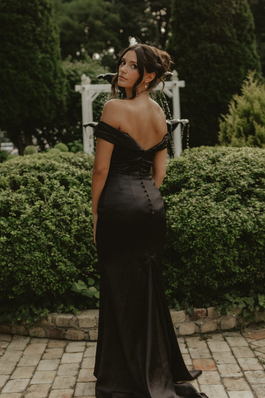 Off the Shoulder Black Ruched Satin Bridesmaid Dress