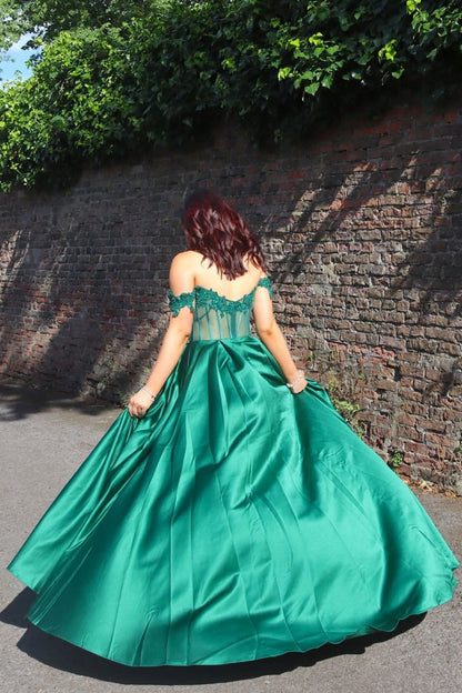 A-Line Off the Shoulder Emerald Green Beaded Long Dress Prom Dress