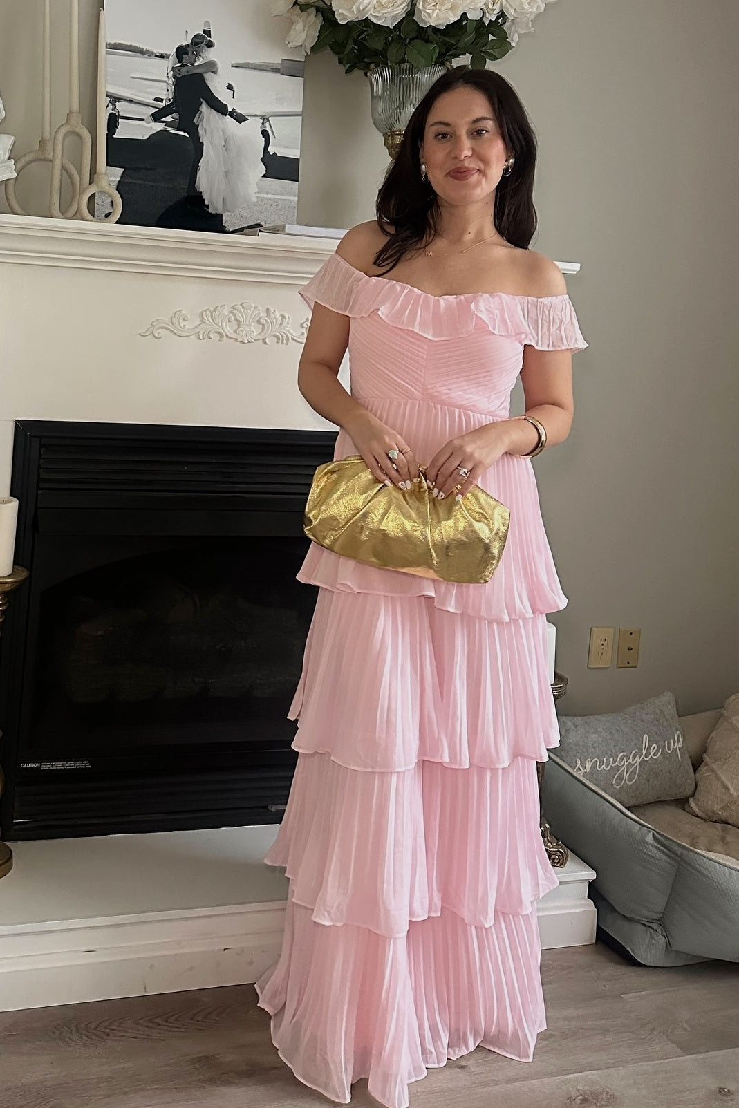 Off the Shoulder Pink Pleated Tiered Long Dress