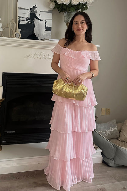 Off the Shoulder Pink Pleated Tiered Long Dress