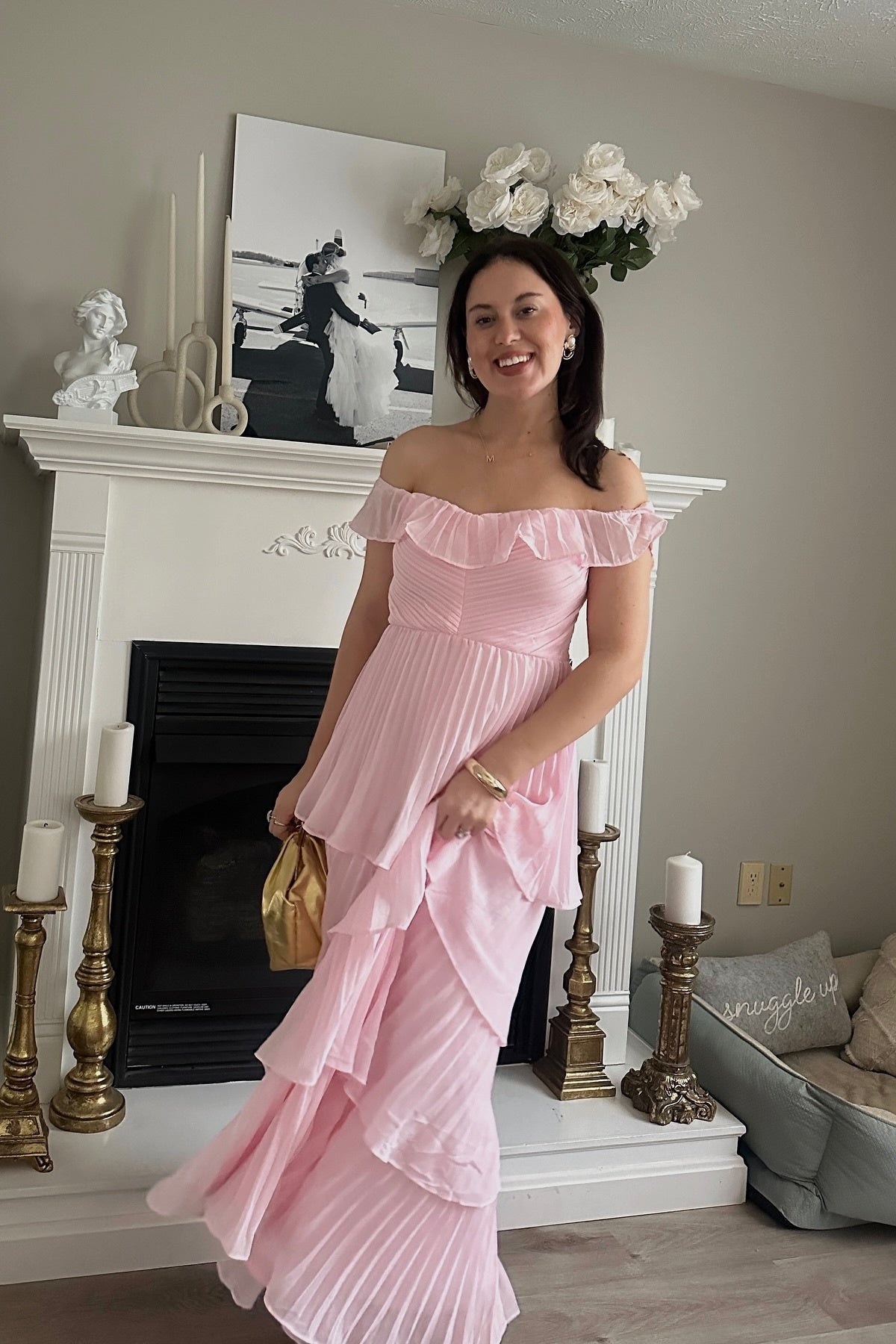 Off the Shoulder Pink Pleated Tiered Long Dress
