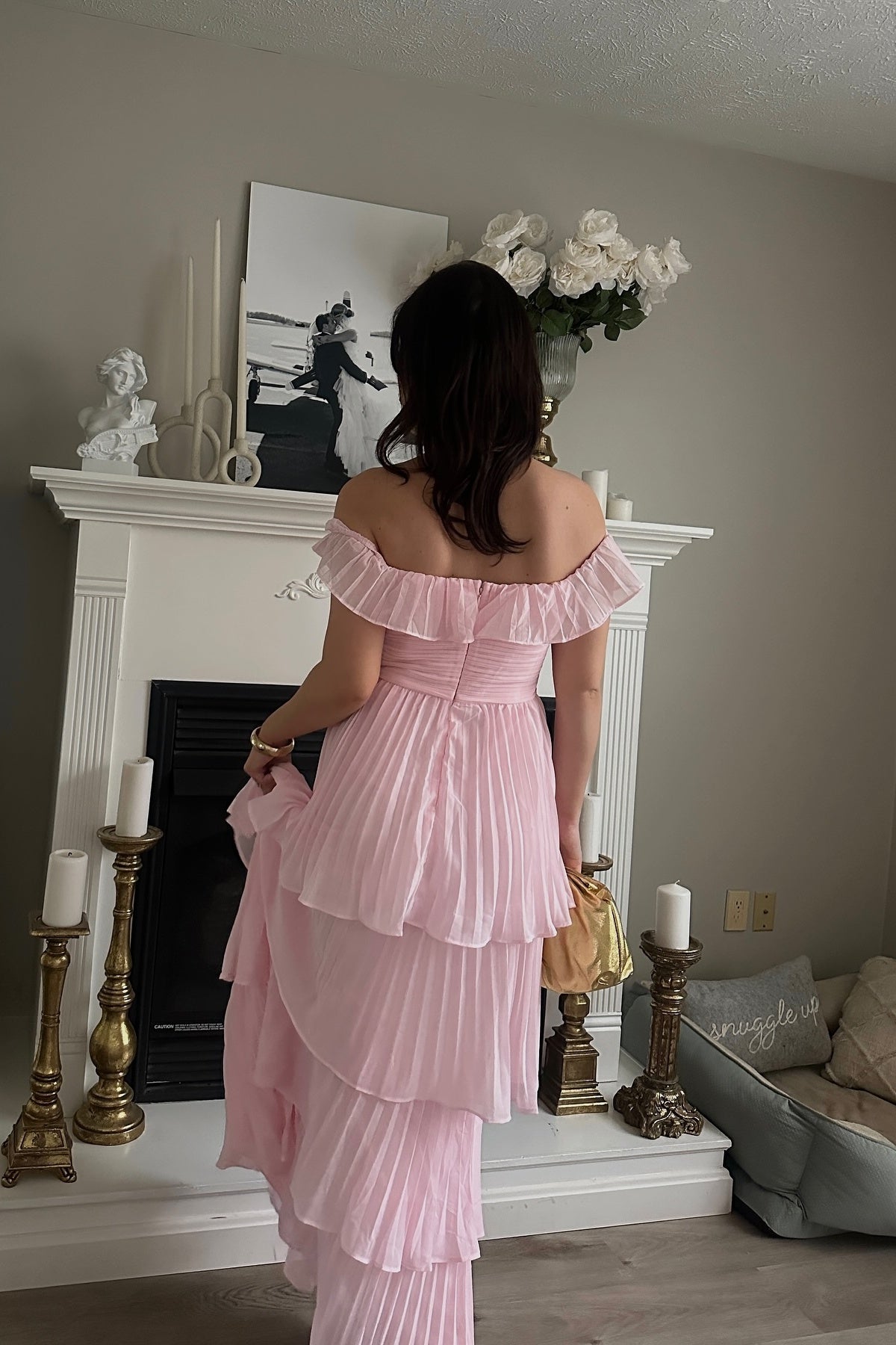 Off the Shoulder Pink Pleated Tiered Long Dress