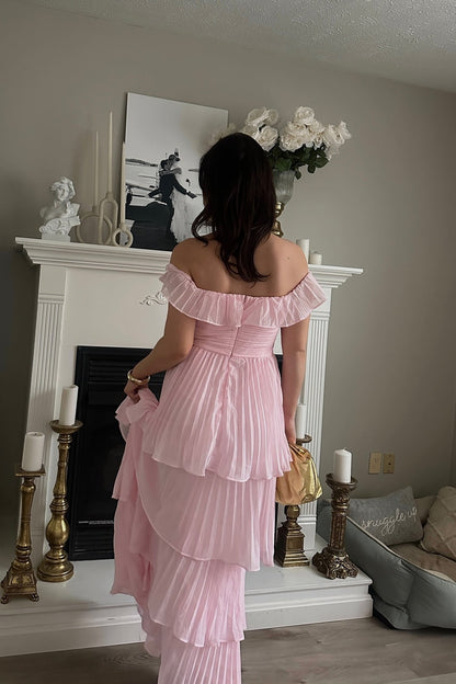Off the Shoulder Pink Pleated Tiered Long Dress
