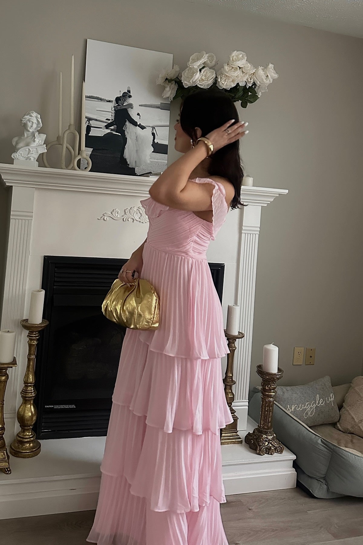 Off the Shoulder Pink Pleated Tiered Long Dress
