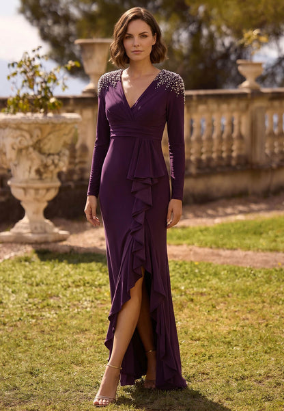 Orchid Long Sleeves V-Neck Slit Mother of the Bride Dress