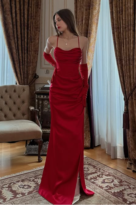 Elegant Red Sheath Long Evening Dress with Slit Spaghetti Strap Casual Prom Dresses