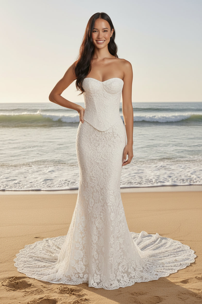 Strapless Lace Corset Bodice Mermaid Wedding Dress with Chapel Train