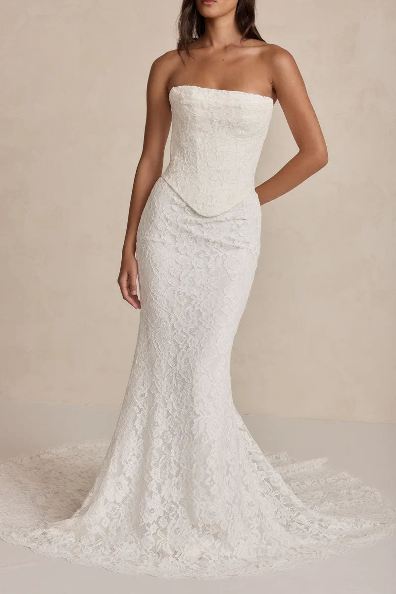 Strapless Lace Corset Bodice Mermaid Wedding Dress with Chapel Train