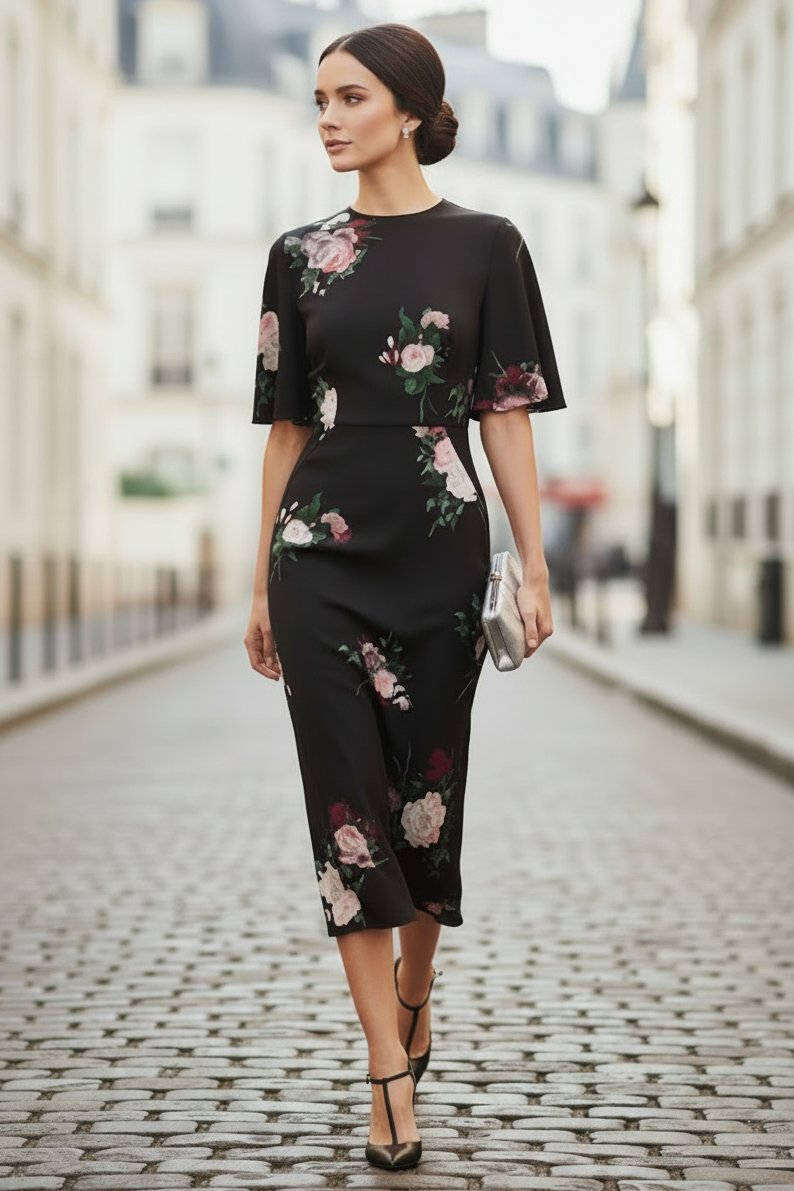 Painted Rose Short Sleeve Sheath Midi Dress
