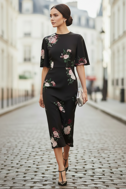 Painted Rose Short Sleeve Sheath Midi Dress