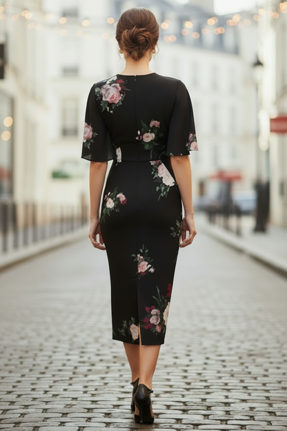 Painted Rose Short Sleeve Sheath Midi Dress