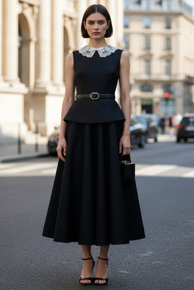 Black Taffeta Peplum Midi Wedding Guest Dress