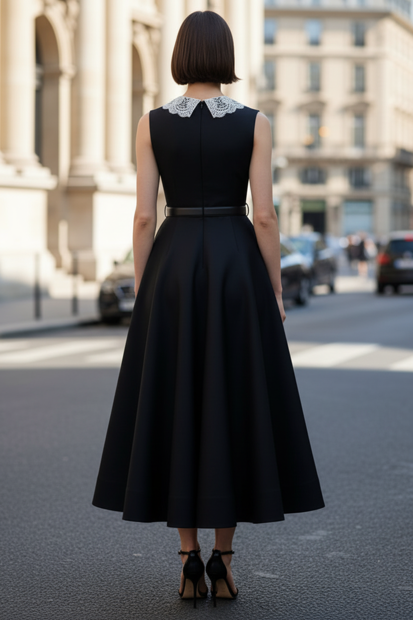 Black Taffeta Peplum Midi Wedding Guest Dress