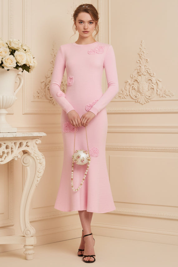 Pink Flower Knit Midi Wedding Guest Dress