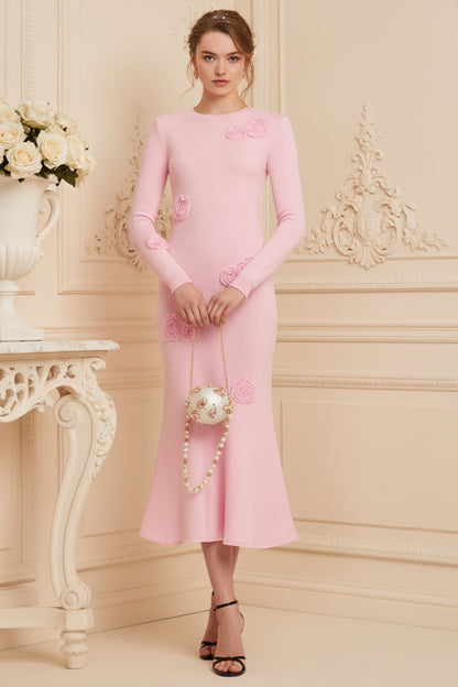 Pink Flower Knit Midi Wedding Guest Dress