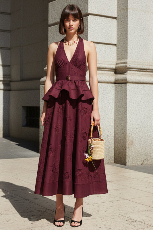 Plum Linen Blend Peplum Midi Dress