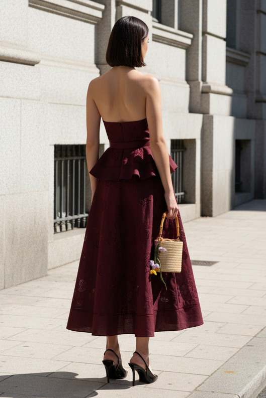 Plum Linen Blend Peplum Midi Dress