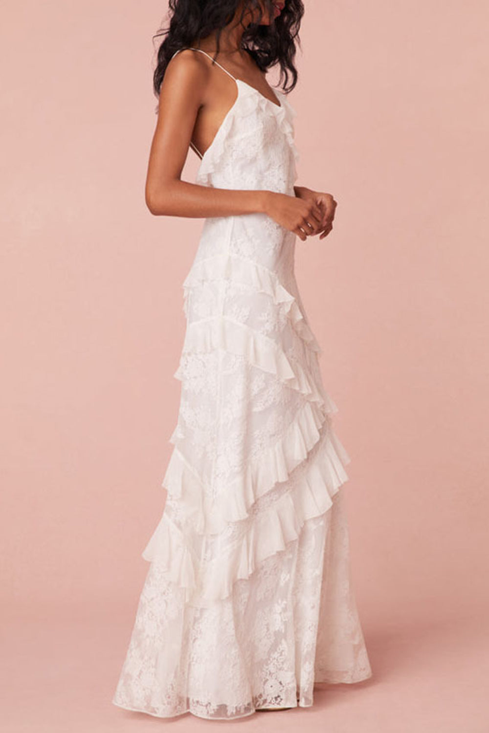 Gorgeous Mermaid Spaghetti Straps White Long Prom Dress with Lace Ruffles