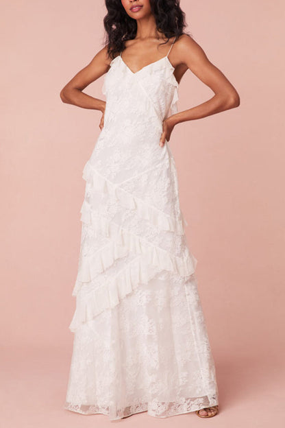 Gorgeous Mermaid Spaghetti Straps White Long Prom Dress with Lace Ruffles