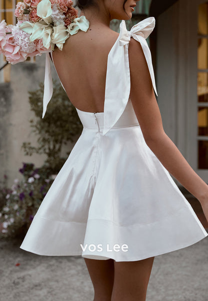 Mini & Short A-Line Bowknot Spaghetti Straps Pleated Beach Wedding Dresses