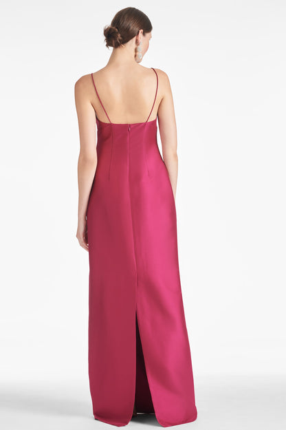 Fuchsia Satin Backless Maxi Dress with Gem Straps