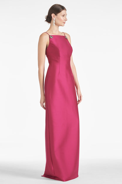 Fuchsia Satin Backless Maxi Dress with Gem Straps