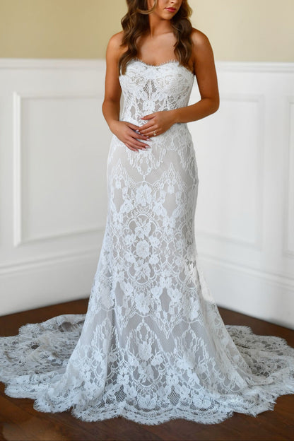 Strapless Sweetheart Neckline Lace Mermaid Wedding Dress with Cathedral Train