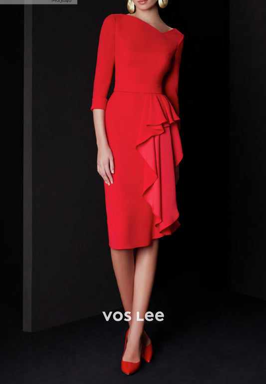 Simple 3/4 Sleeve V Neck Tea-Length Sheath Mother of Bride Dresses