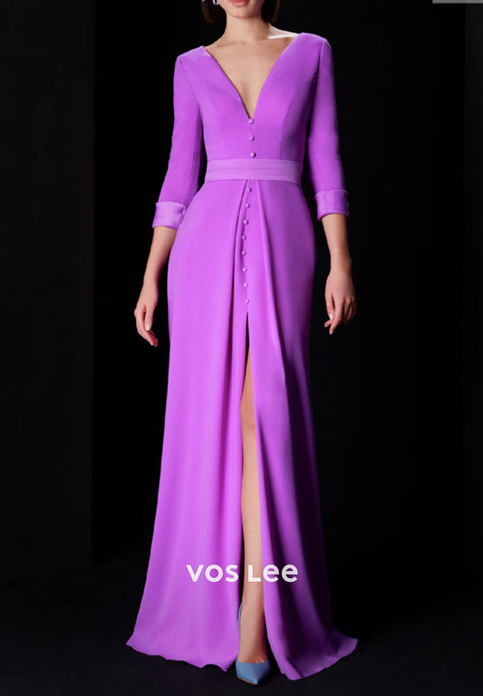 A-Line 3/4 Sleeve V Neck Floor-Length Pleated Mother of Bride Dresses with High Split