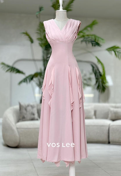 Simple Pink Pleated A Line Ruffles Long Evening Dress